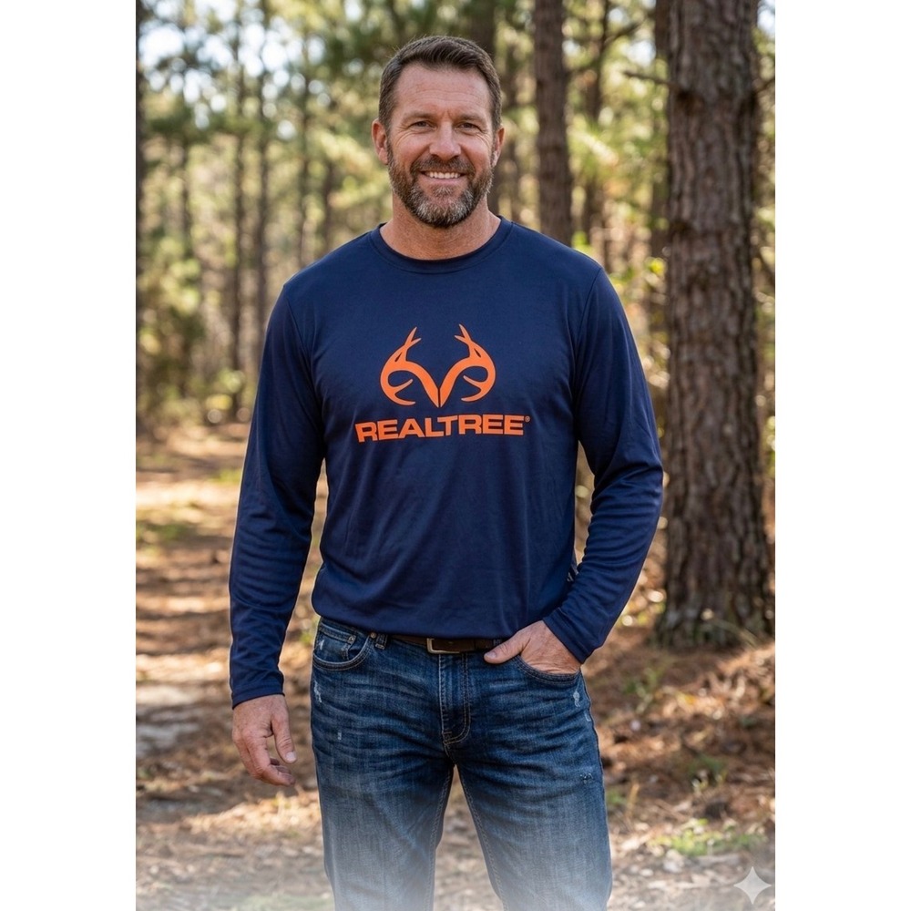 Realtree Mens Navy Blue Long Sleeve Graphic T-Shirt Orange Antler Logo XL